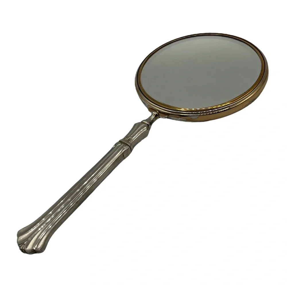 Vintage Hollywood Regency Brass Plated Magnifying 2 Sided Hand Mirror Vanity